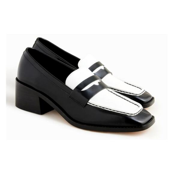 J.Crew ADDISON Stacked-Heel Loafers in Colorblock Leather Black White 9 M NWB - Picture 1 of 12
